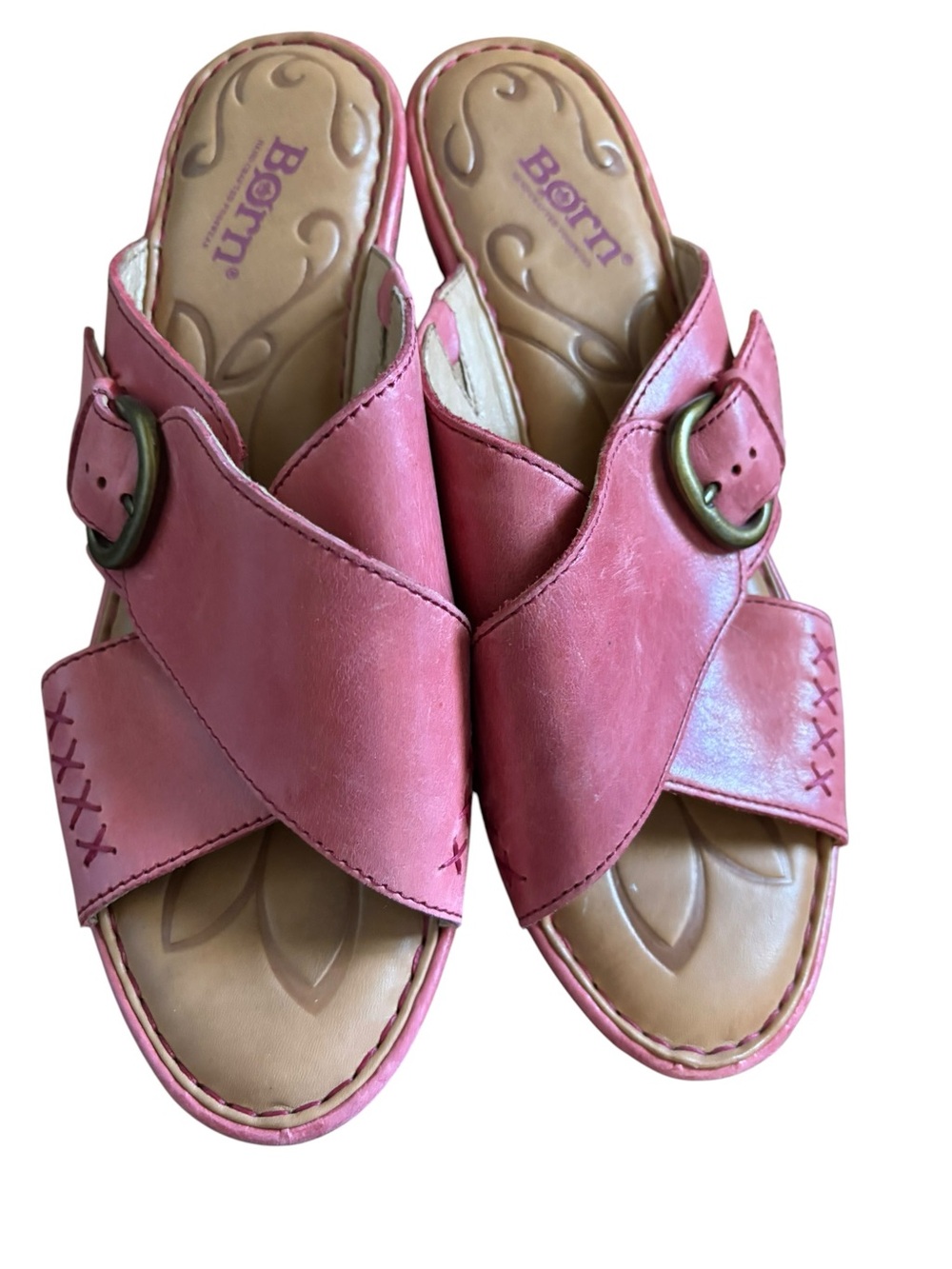 Born Pink Leather Crisscross Slide Mules with Buckle - Picture 2 of 13